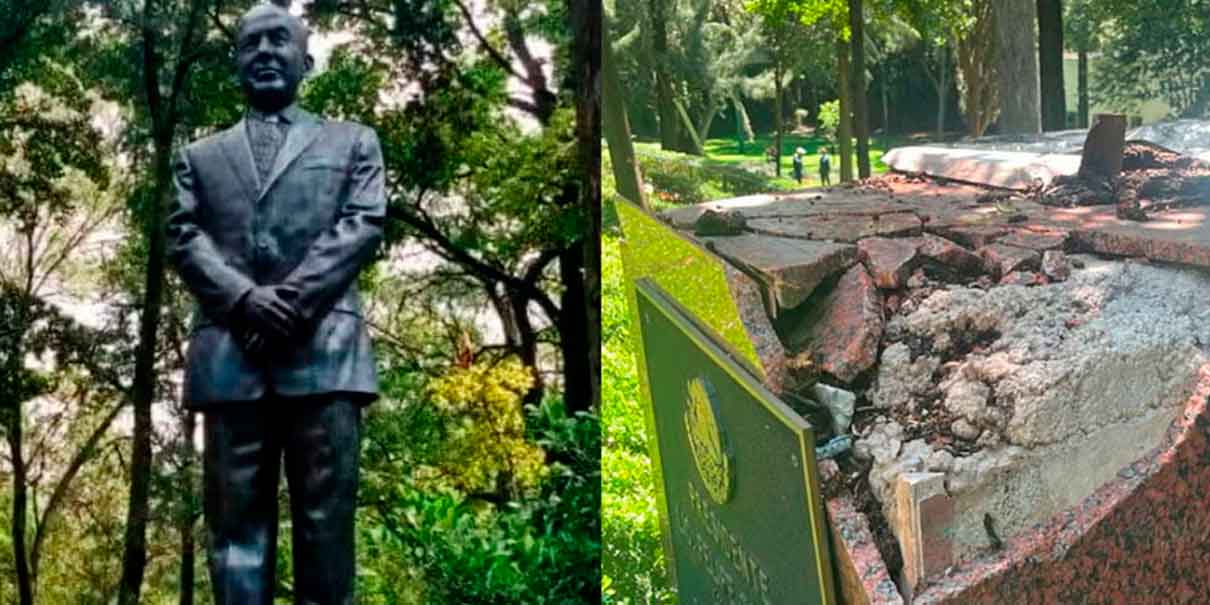Estatua de Felipe Calderón cae en Los Pinos por lluvias y sigue sin ser reparada