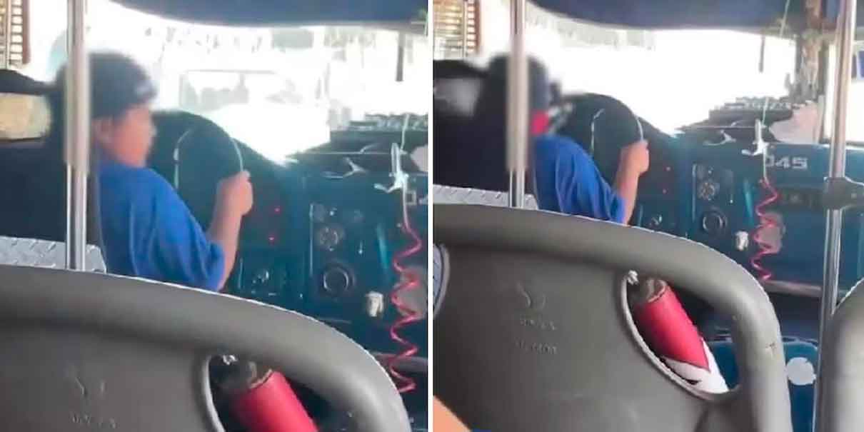 VIDEO. Niño conduce camión de transporte público en Durango. Apenas alcanza los pedales