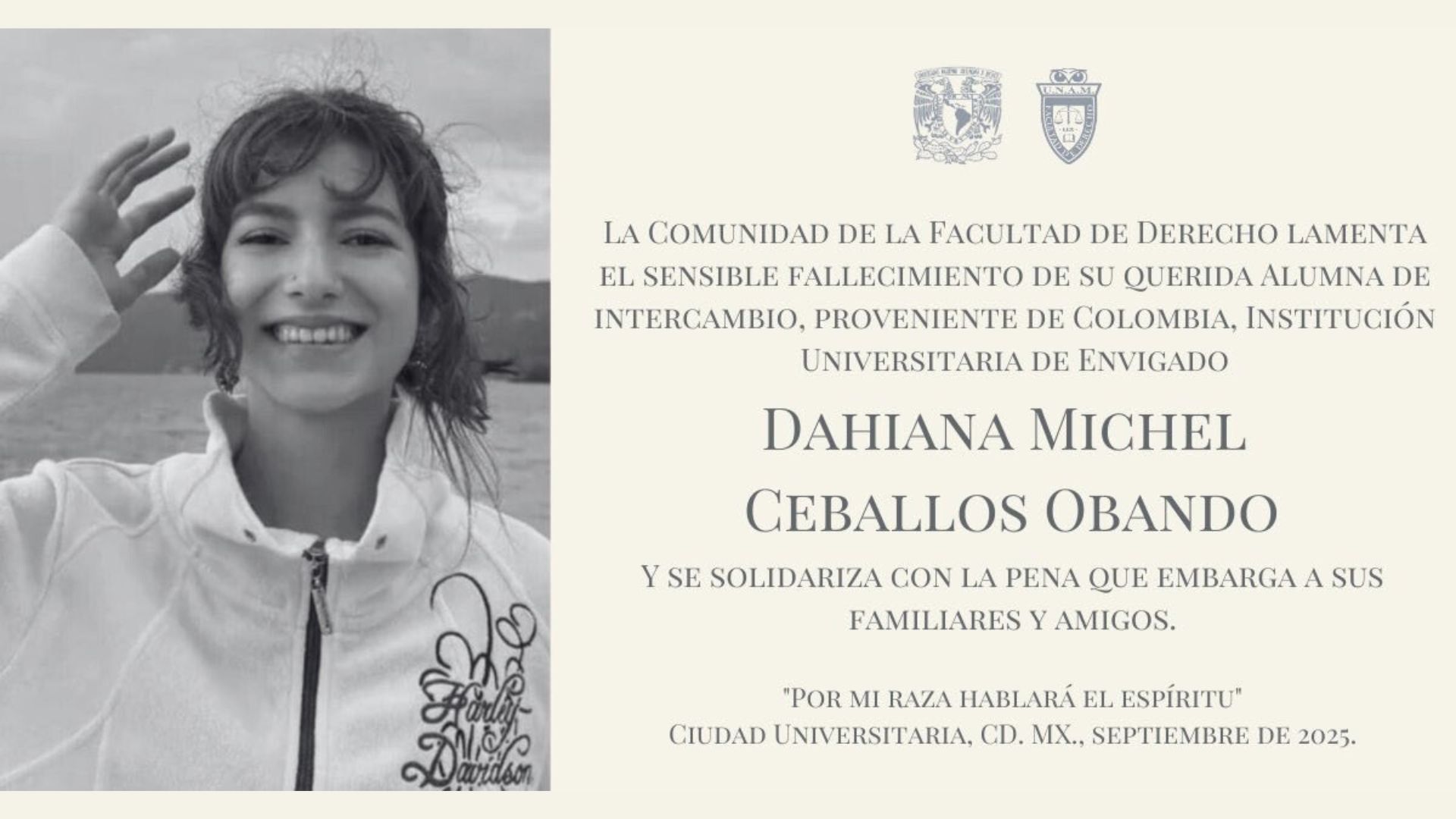 Fallece estudiante colombiana de intercambio que estudiaba en la Facultad de Derecho de la UNAM