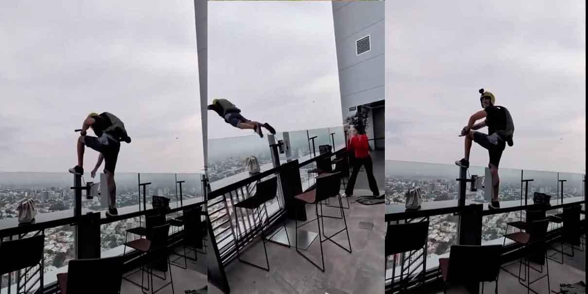 VIDEO. Deportista extremo se arroja con paracaídas desde terraza del Hotel Riu en Guadalajara 