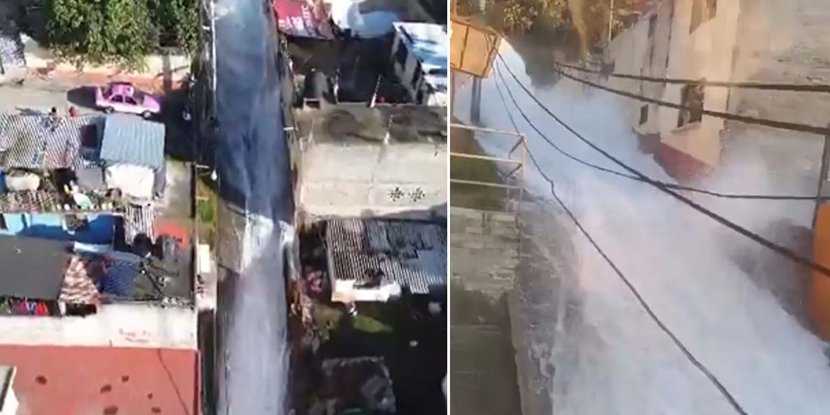 Megafuga en calles de la CDMX crea impresionante CASCADA y deja casas inundadas