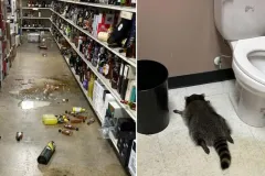 Mapache borracho entra a licorería y termina su fiesta tirado en el baño