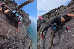 Ciclista derrapa y queda colgada sobre un acantilado; así logró salvar su vida