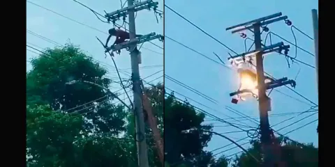 VIDEO. Ladrón queda "Tieso" al robar cable de un poste de luz 