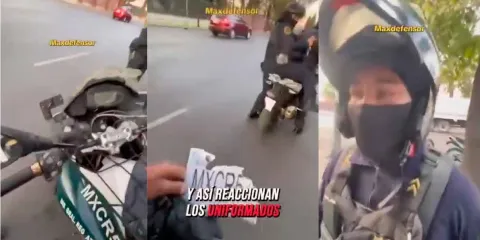 Un ciudadano grabó el momento en que dos oficiales intentaban extorsionar a un motociclista en CDMX usando una unidad con matrícula falsa y oculta.