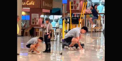 VIDEO. Joven arroja refresco en centro comercial y personal lo obliga a limpiar