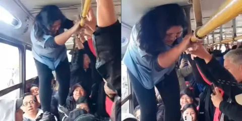 VIDEO. Cobradora peruana se viraliza al pasar por encima de pasajeros para cobrar 
