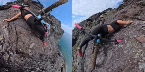 Ciclista derrapa y queda colgada sobre un acantilado; así logró salvar su vida