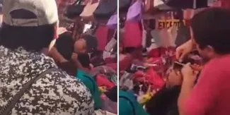 Así raparon a dos presuntas farderas en un mercado de Puebla; comerciantes las rodean