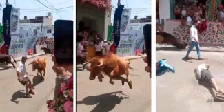IMÁGENES SENSIBLES. Toro noquea a hombre en feria de Perú