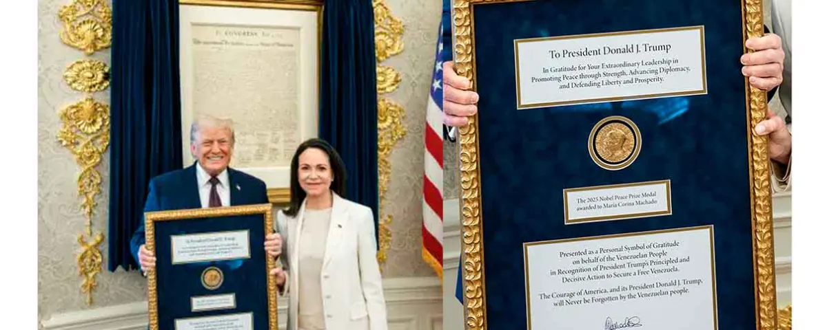 María Corina Machado entrega medalla del Nobel de la Paz a Trump tras reunión en la Casa Blanca